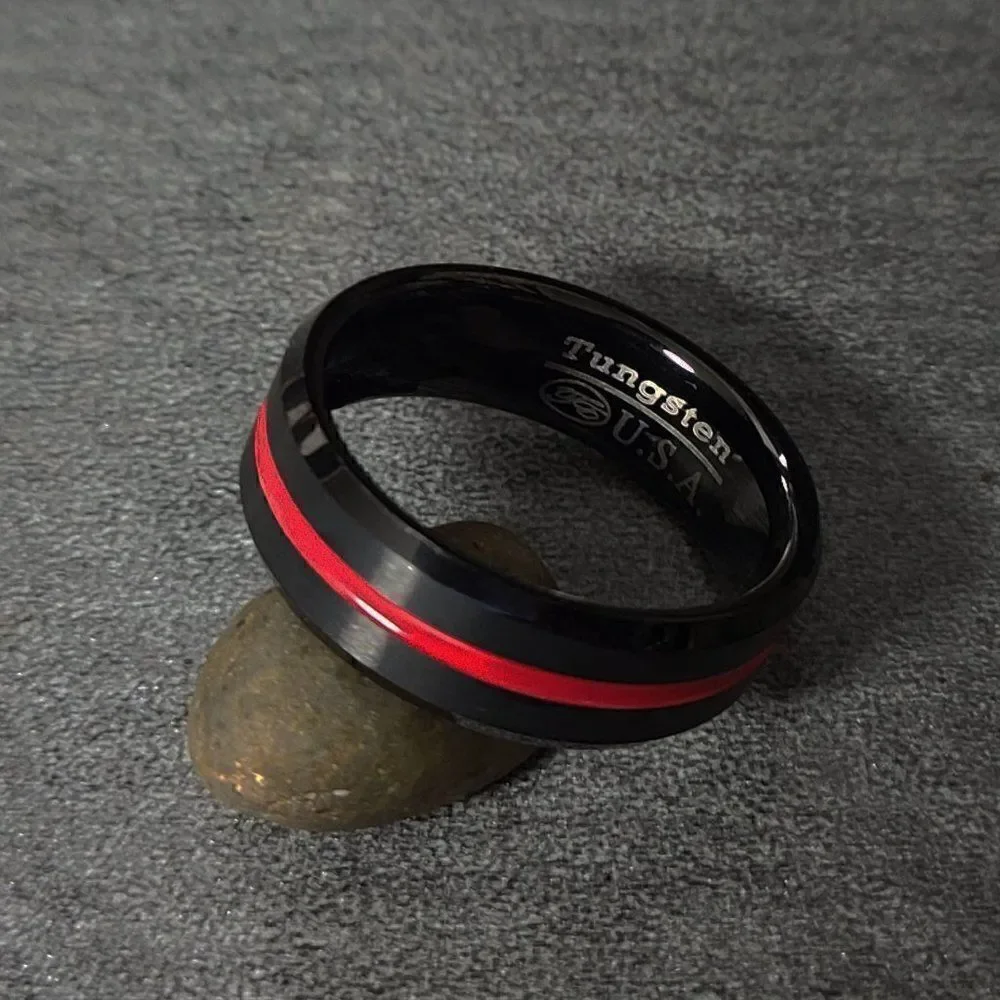 Personalized Men's Real Black Tungsten Wedding Ring With Red Line Center Groove